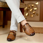 Handmade Pure Leather Brown Woven Loafer Dress Shoes : Italian Style Slip-Ons