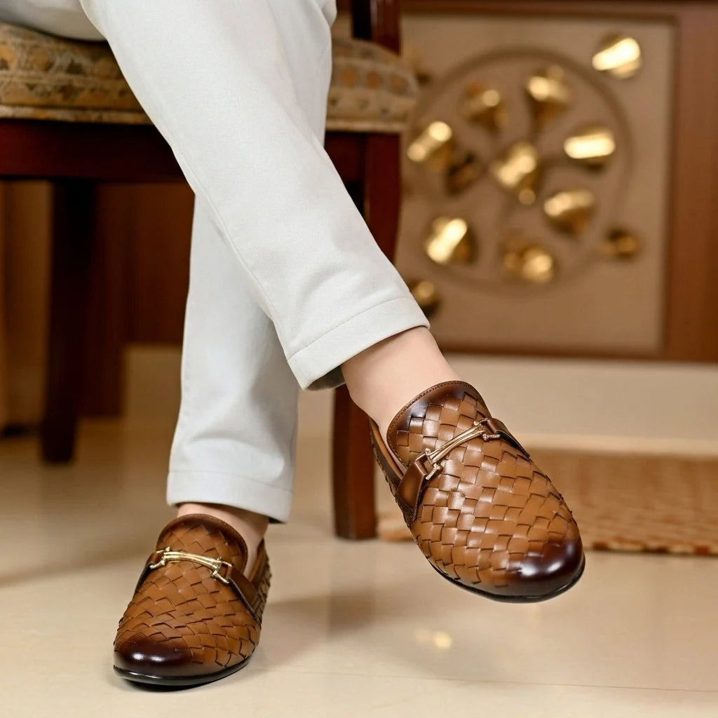 Handmade Pure Leather Brown Woven Loafer Dress Shoes : Italian Style Slip-Ons