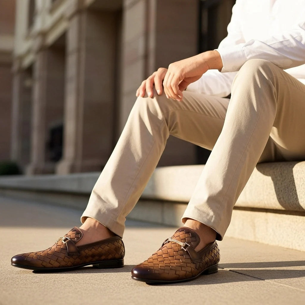 Handmade Pure Leather Brown Woven Loafer Dress Shoes : Italian Style Slip-Ons